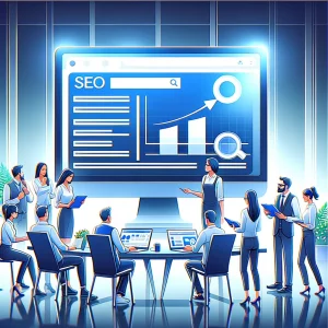 Illustrazione di un team di SEO specialist che pianifica, incrementa la tua visibilità online