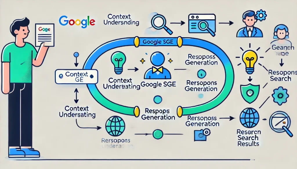 Un diagramma di flusso che illustra lesperienza dellutente con Google SGE. Il flusso inizia con licona di un utente che inserisce una domanda in un motore di ricerca. La query