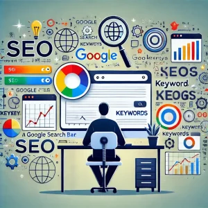 Persona che lavora su SEO, con icone di barre di ranking, parole chiave, grafici e simboli di Core Web Vitals.