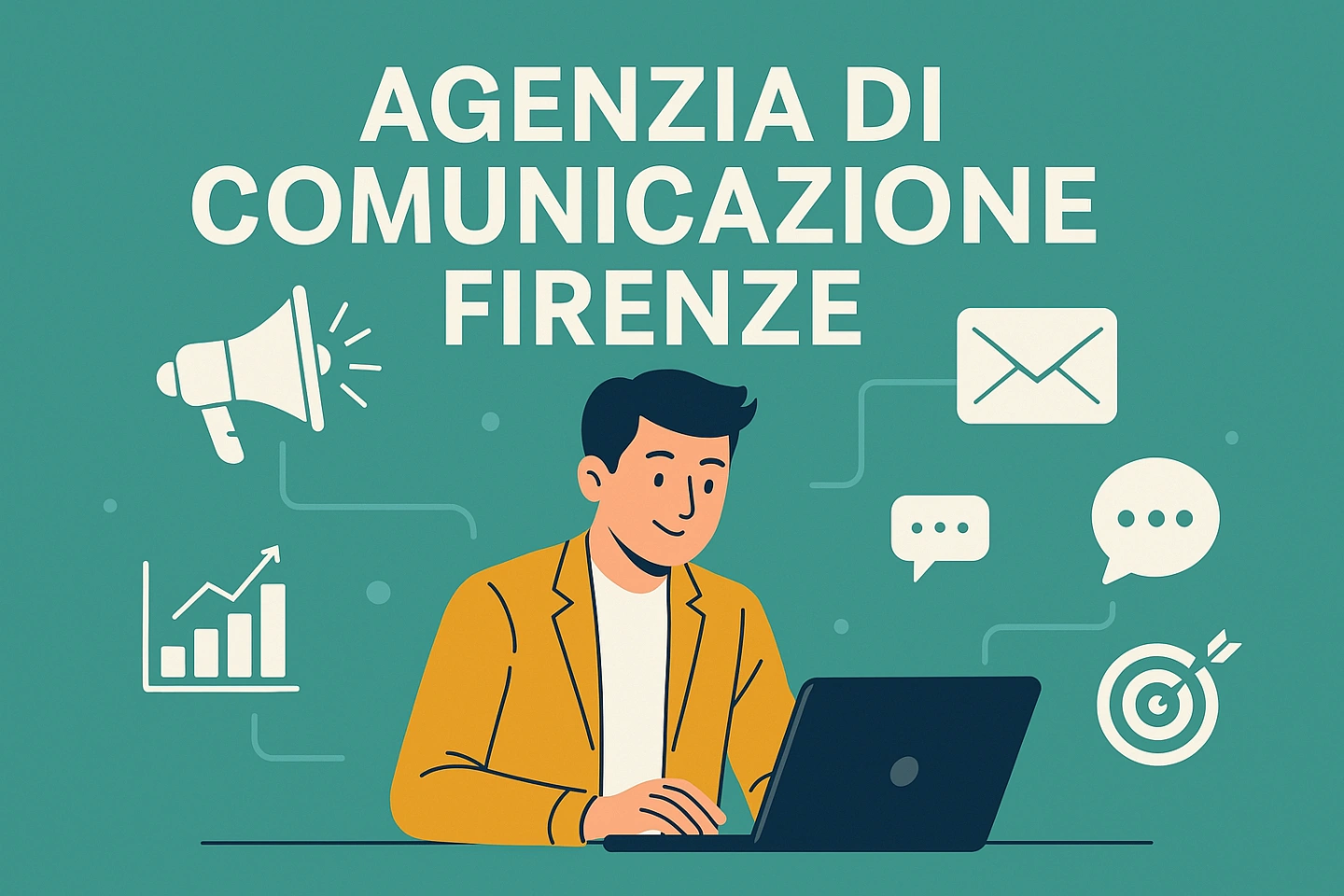 Illustrazione in stile flat con un professionista che lavora al laptop circondato da elementi grafici, grafici a barre e icone digitali. Ideale per rappresentare le competenze di un’agenzia di comunicazione a Firenze.
