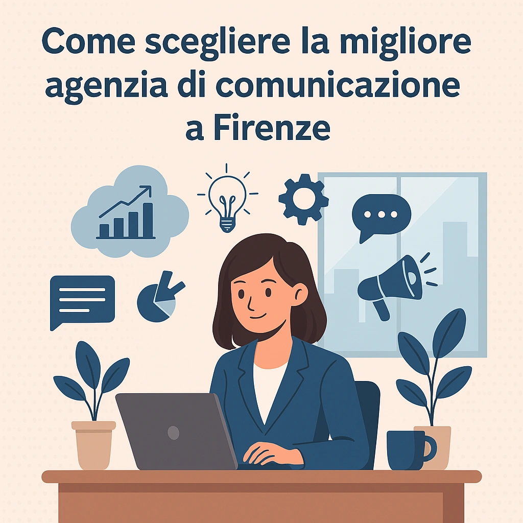Illustrazione stilizzata con una figura professionale che presenta una strategia visiva con elementi grafici, dati e contenuti. L’immagine rappresenta la pianificazione di una strategia efficace da parte di un’agenzia locale.