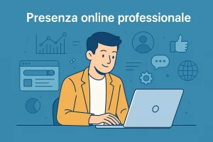 Illustrazione flat con un giovane uomo seduto alla scrivania che analizza grafici e dati digitali, simbolo del controllo e miglioramento della presenza online professionale.