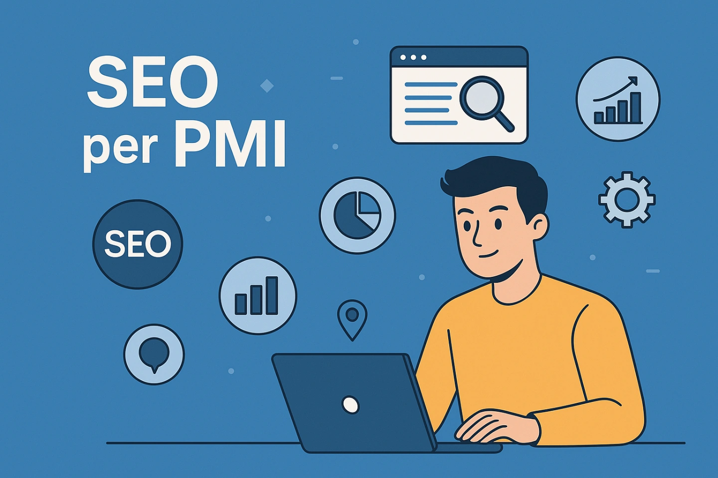 Illustrazione flat con un giovane imprenditore seduto alla scrivania che analizza dati SEO e statistiche di Google, rappresentando l’importanza della strategia SEO per le PMI.