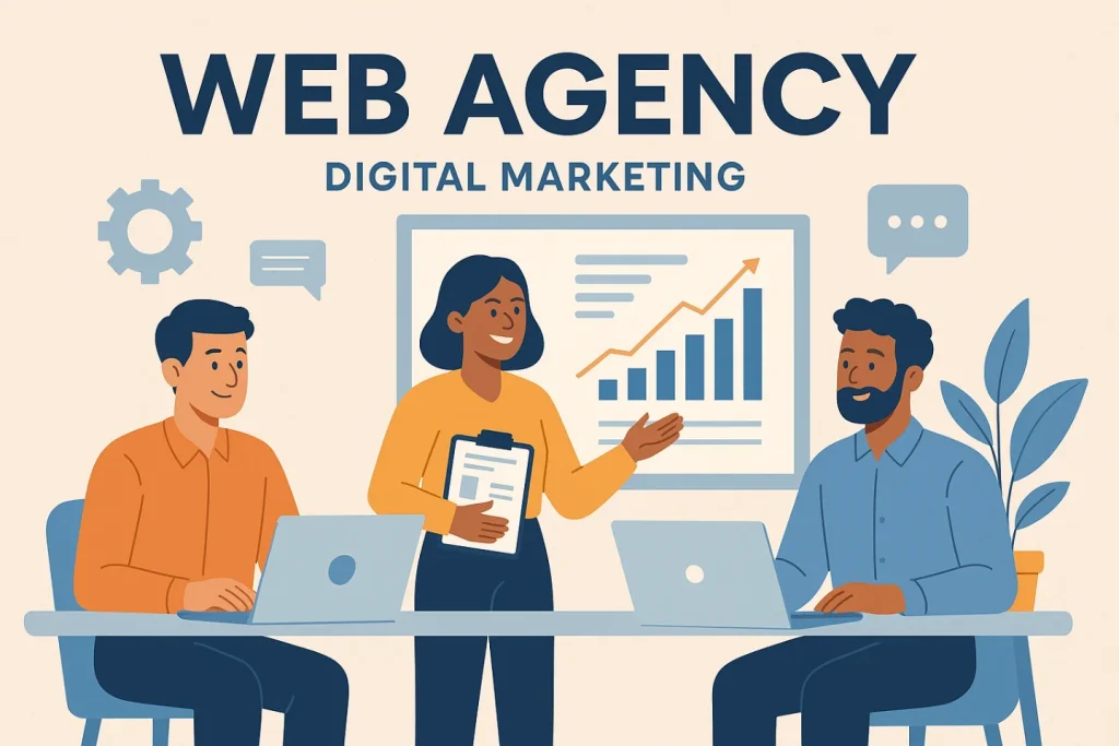 Illustrazione di tre professionisti che collaborano all’interno di una Web Agency, con grafici e dati sullo sfondo, per rappresentare il lavoro di squadra e le competenze integrate del digital marketing.