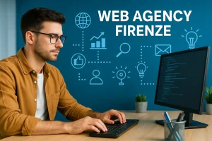 Illustrazione flat con un giovane professionista al laptop e la scritta “Web Agency Firenze” su sfondo blu, simboli digitali e grafici a supporto.
