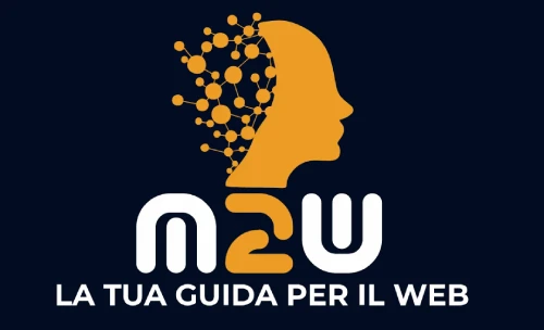 Logo della Web Agency Firenze "M2W – La tua guida per il web", raffigurante un profilo stilizzato umano con elementi digitali arancioni su sfondo blu scuro.